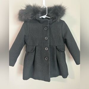 2T Cat and Jack Dress Coat black with gold shimmer and faux fur hood